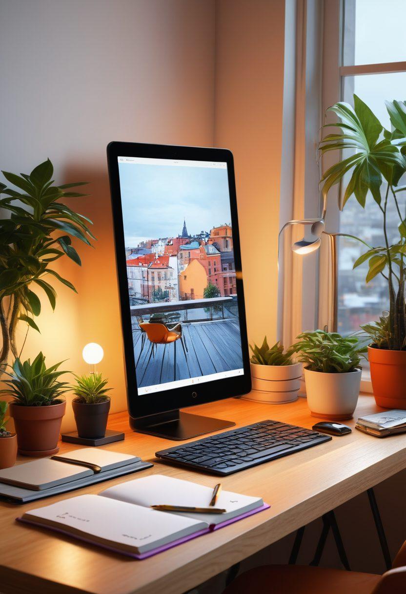 A cozy urban apartment setup showcasing a stylish corner with a digital diary open on a sleek desk, surrounded by houseplants and a warm, inviting ambiance. The backdrop features contemporary decor with city views visible through large windows, emphasizing modern living. Incorporate elements of creativity like colorful stationery and a digital tablet, highlighting the theme of digital journaling. Paint the scene with warm, inviting lighting to evoke comfort and inspiration. super-realistic. vibrant colors. 3D.