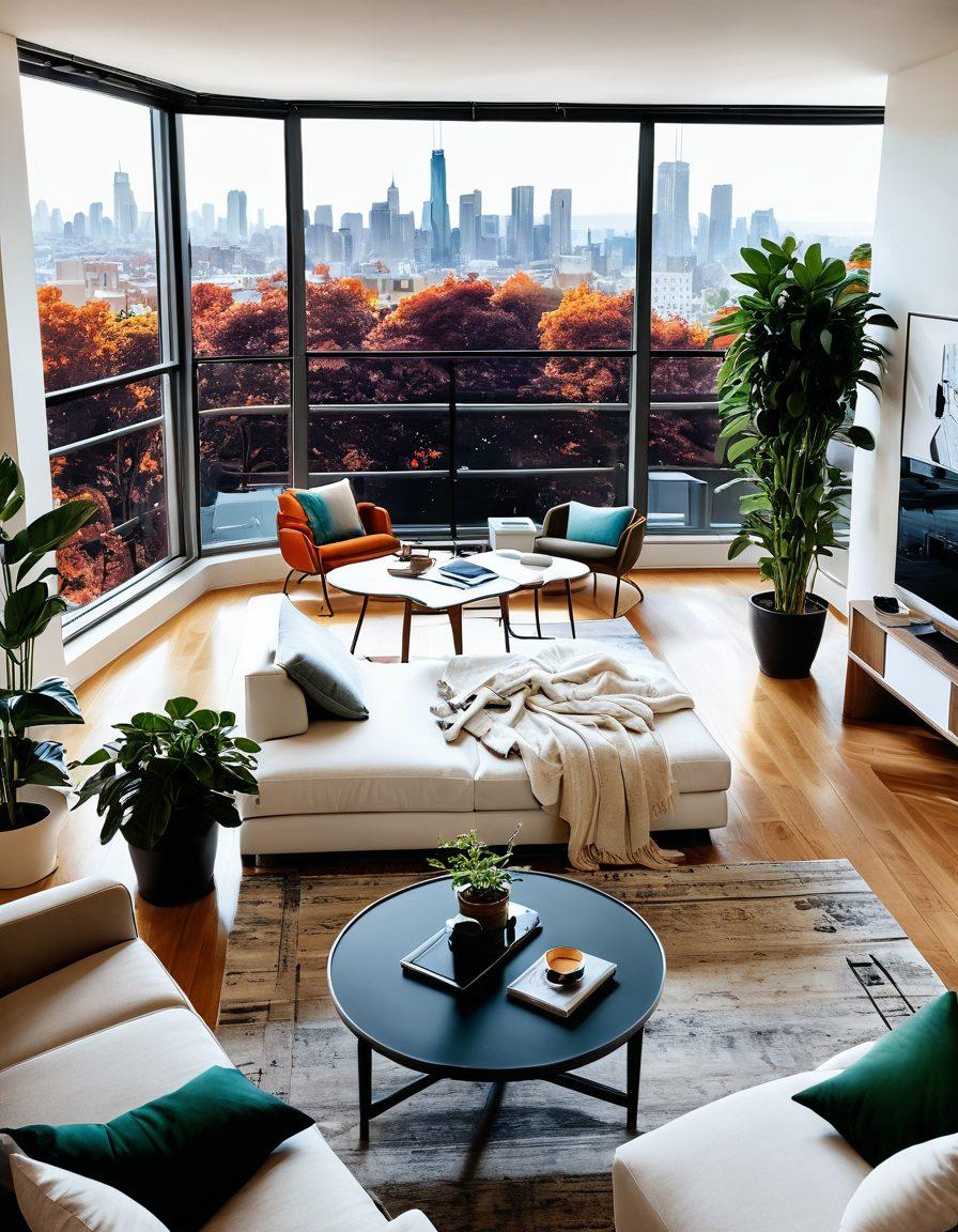 A stylish modern apartment interior with a detailed floor plan overlay, showcasing cozy decor elements like plants, art pieces, and furniture arrangements. A laptop displaying a vibrant blog page sits on a chic coffee table, capturing the essence of apartment life. The scene is bathed in warm, natural light with a panoramic window view of an urban skyline. super-realistic. vibrant colors. interior design. white background.